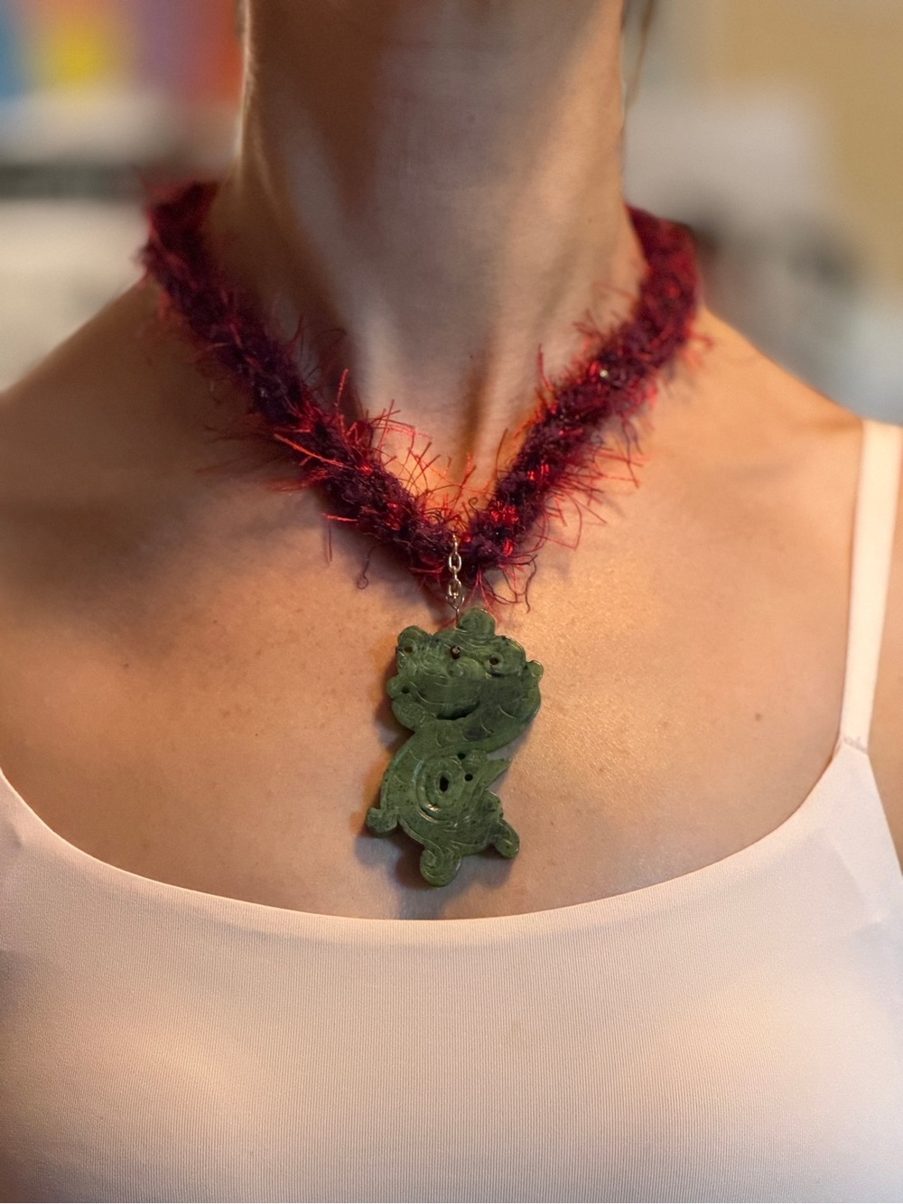 Handmade Red & Purple kumihimo Necklace with Green jade Dragon Charm